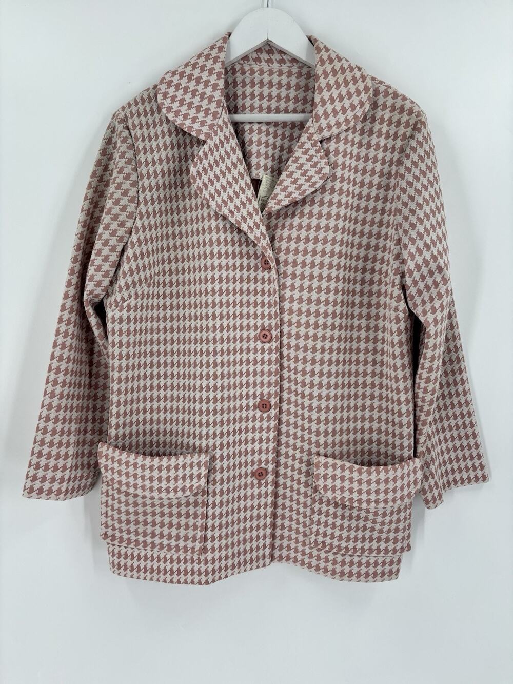 Vintage 70s 80s Ina Carol Houndstooth Blazer Jacket Womens 18 Pink White Knit